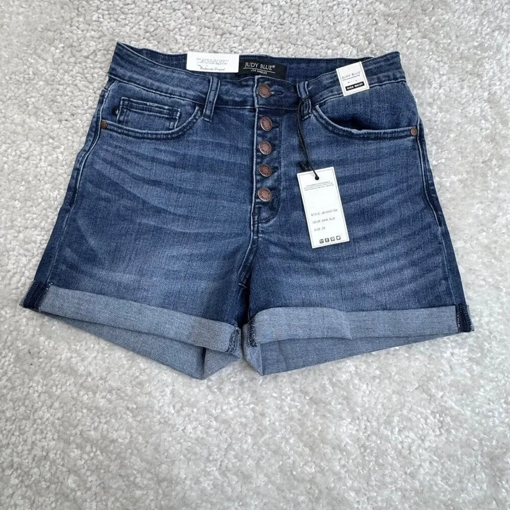 Judy Blue High Waist Cuff Shorts Dark Blue Wash Stretch Womens 28 NEW